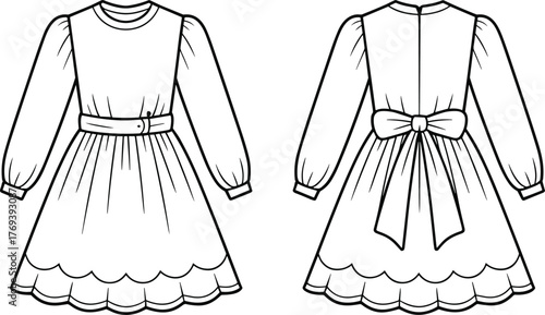 Long-sleeve dress fashion flat, scalloped hem, waist belt and bow, fitted bodice, zipper back, garment construction sketch, front and back view