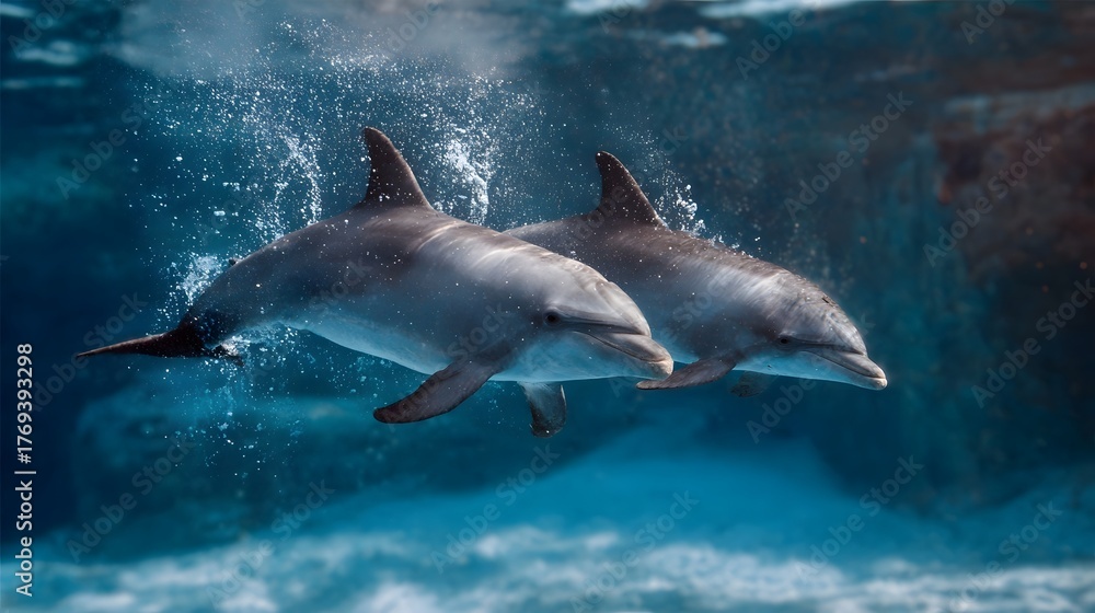 Fototapeta premium Two dolphins swim gracefully together in the clear blue underwater of the ocean