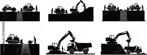 Silhouette vector illustration of excavators, bulldozers, dump trucks, and workers performing excavation, earthmoving, site preparation, teamwork, safety, construction, and industry