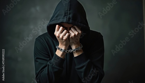 Person in hoodie with chained hands hides face in despair. Arrested anonymous suspect feels guilt, shame. Dark mood reflects crime punishment, isolation. Incarcerated individual faces legal