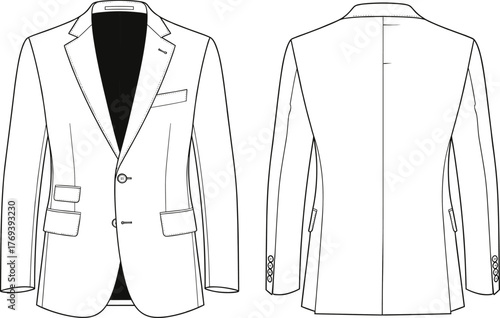 Men’s blazer fashion flat sketch, front and back view, technical garment drawing vector with notched lapel, flap pockets, two-button closure, and tailoring details