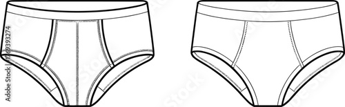 Men’s briefs underwear fashion flat, front view technical sketch, fly opening and seam detail comparison, garment construction illustration for apparel design