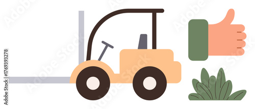 Forklift beside a thumbs-up sign and green shrubs emphasizes safe operation, quality, logistics, teamwork, productivity, environmental care, and workplace efficiency. Ideal for safety, logistics