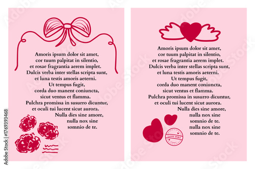 Pink-red love letter design template, hand drawn romantic cards with elegant bow decoration perfect for wedding invitation design, greeting card and love poems.