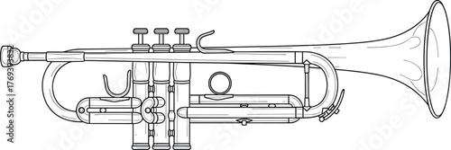 Black and white line art illustration of a detailed trumpet, ideal for music education, band instruments, or educational coloring page vector content