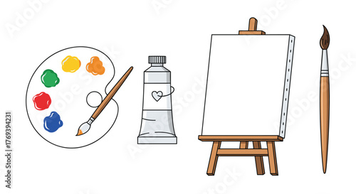 Various art supplies including a palette, brushes, paint tube, and an easel with a blank canvas, ready for creative expression.