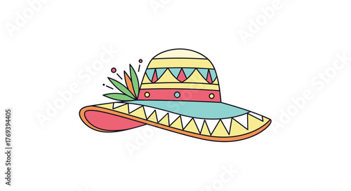 A vibrantly colored cartoon sombrero with geometric patterns and festive embellishments, ideal for cultural celebrations.