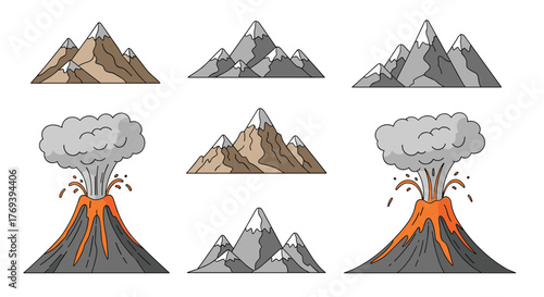 Cartoon illustrations of snow-capped mountains and erupting volcanoes with smoke and flowing lava.