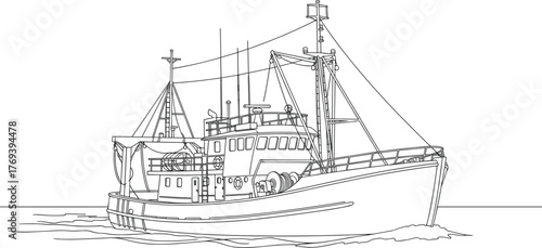 Fishing boat line art illustration sailing on calm waters, detailed vessel design perfect for maritime, nautical, seafood, or ocean industry-themed vector content.