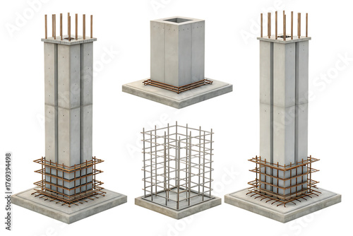 Construction concrete pillars and rebar assembly for structural support elements