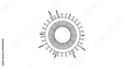 Stylized black and white line art illustration resembling a virus particle, featuring intricate radial patterns and various spiky protrusions.