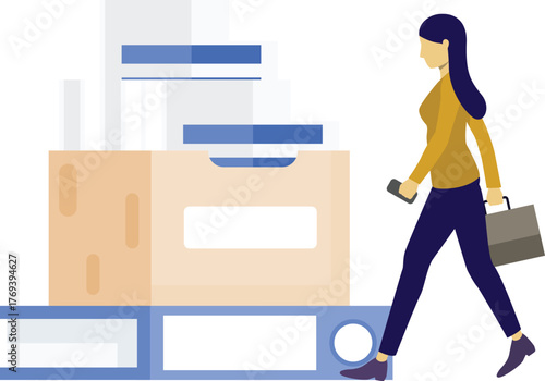 Girl is walking in office and thinking about folder document.