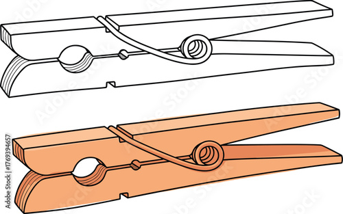 Wooden clothespin line art and colored vector illustration, simple laundry accessory design perfect for household, cleaning, or vintage-themed graphic content.