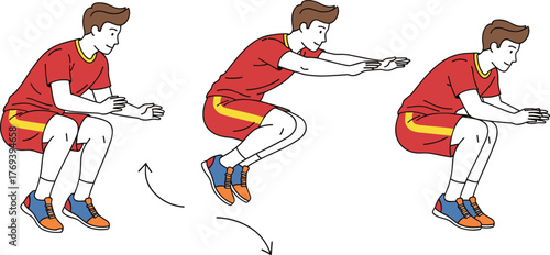 Man performing bodyweight squat exercise in red athletic wear, demonstrating proper form with three-step motion for fitness training and strength building