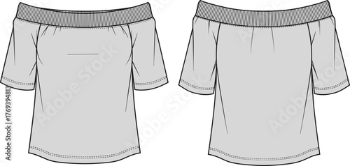 Off-the-shoulder top technical flat sketch, front and back view, ribbed neckline, short sleeves, chest seam, relaxed fit, fashion design vector template