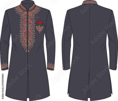 Men’s sherwani fashion illustration, front and back view, traditional South Asian formal wear with embroidery, pocket square, cultural garment vector for weddings and design