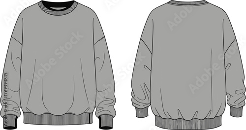 Oversized sweatshirt technical flat sketch, front and back view, fashion design template, crew neck, ribbed cuff, dropped shoulder, relaxed fit illustration