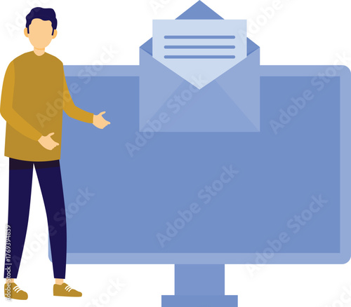 The boy is converting data on monitor