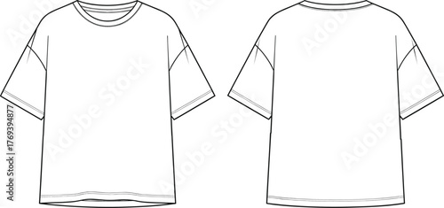 Oversized T-shirt technical flat sketch, front and back view, crew neckline, dropped shoulders, relaxed fit, short sleeves, fashion design vector illustration