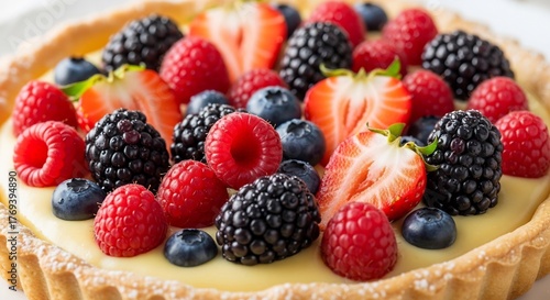 A closeup of a berry tart with custard filling and a fluted crust