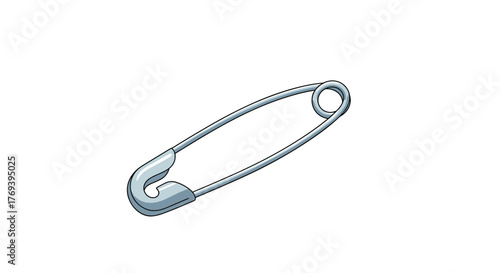 A single metallic silver safety pin, commonly used for fastening clothes and other materials, isolated on a clean white background.