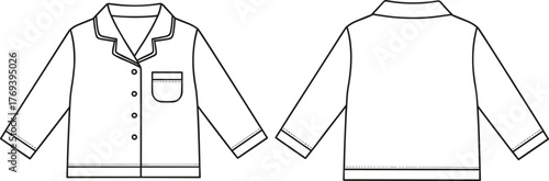 Pajama shirt fashion flat sketch, front and back view, technical garment drawing vector with notched collar, piping details, chest pocket, and button closure