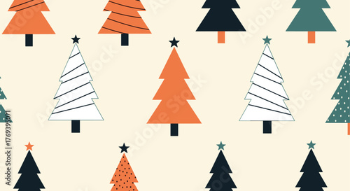 Seamless pattern of stylized Christmas trees in a modern, muted color palette on a light background, perfect for holiday designs.