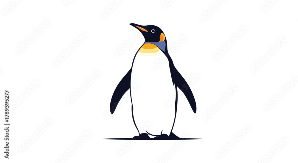 Fototapeta premium An elegant and simple vector illustration of a majestic King Penguin standing upright, featuring its iconic black, white, gold plumage.