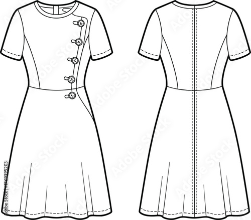 Pleated dress fashion flat, short sleeves, asymmetrical button placket, round neckline, fitted bodice, front and back view garment sketch illustration