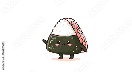 Adorable kawaii onigiri character, a Japanese rice ball wrapped in nori, with a smiling face and small arms, standing happily.