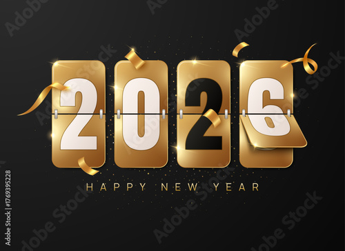 Happy New Year 2026. Festive Christmas banner with gold flip calendar numbers on a dark background with stars and confetti ribbons. Vector illustration.