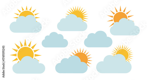 A collection of cheerful weather icons depicting sunny and partly cloudy conditions with fluffy light blue clouds against a white background.