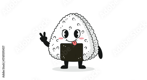Playful cartoon onigiri character with a tongue sticking out and making a peace sign, isolated on a clean white background.