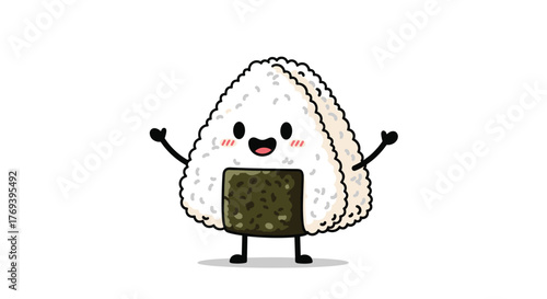 A cute and happy cartoon onigiri with rosy cheeks and open arms stands cheerfully on a white background.