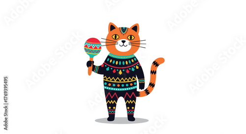A cheerful orange cat adorned in a vibrant, patterned folk-art sweater, happily plays a colorful maraca, radiating a festive and whimsical cultural spirit.