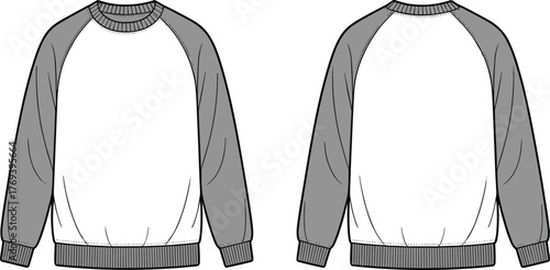 Raglan sweatshirt fashion flat, crew neckline, ribbed cuffs and hem, color block sleeves, front and back view garment construction sketch