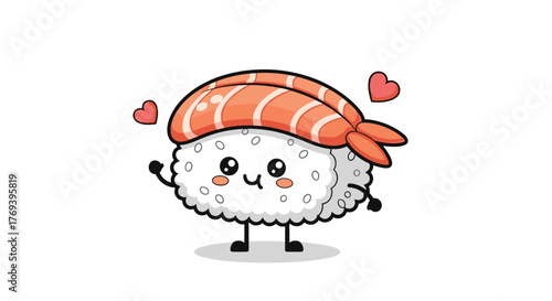 Adorable cartoon ebi nigiri sushi character with a happy face and loving hearts, isolated on a clean white background.