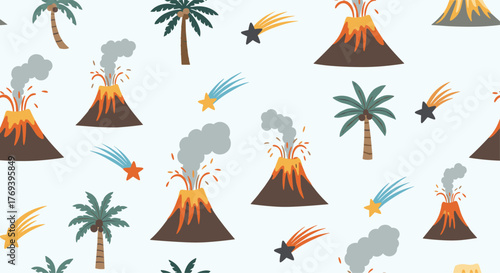 Whimsical seamless pattern featuring cartoon erupting volcanoes, lush palm trees, and dynamic shooting stars on a pale blue background.