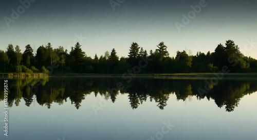 Serene Lake Reflection with Lush Forest at Dawn