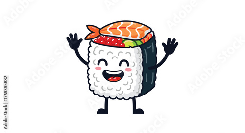 A cheerful and cute cartoon sushi roll character with raised arms and a happy face welcomes viewers.