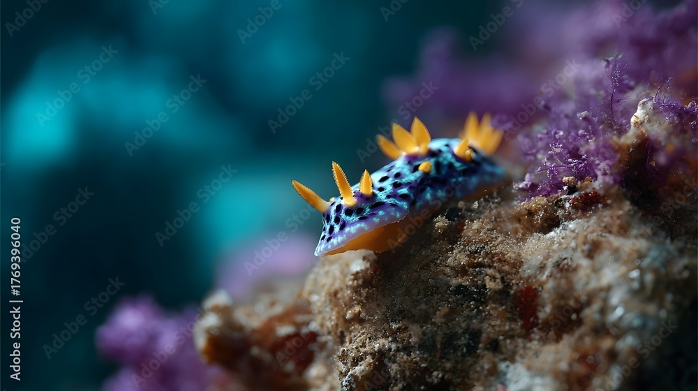 Fototapeta premium Vibrant nudibranch with blue purple and yellow patterns rests on a textured coral reef underwater
