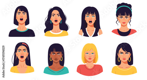 Collection of eight diverse women illustrations showcasing various expressions of anger, frustration, and distress, including shouting and stern gazes.