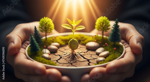 Nurturing Seedling in Hands with Sunlight and Natural Elements
