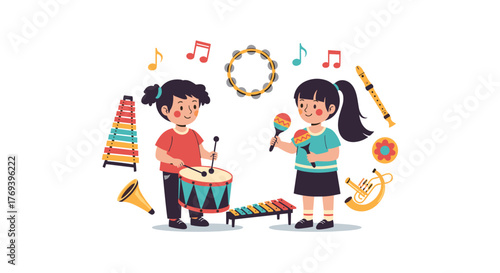 Playful illustration of two young girls enjoying music with a drum, maracas, and a collection of various instruments.