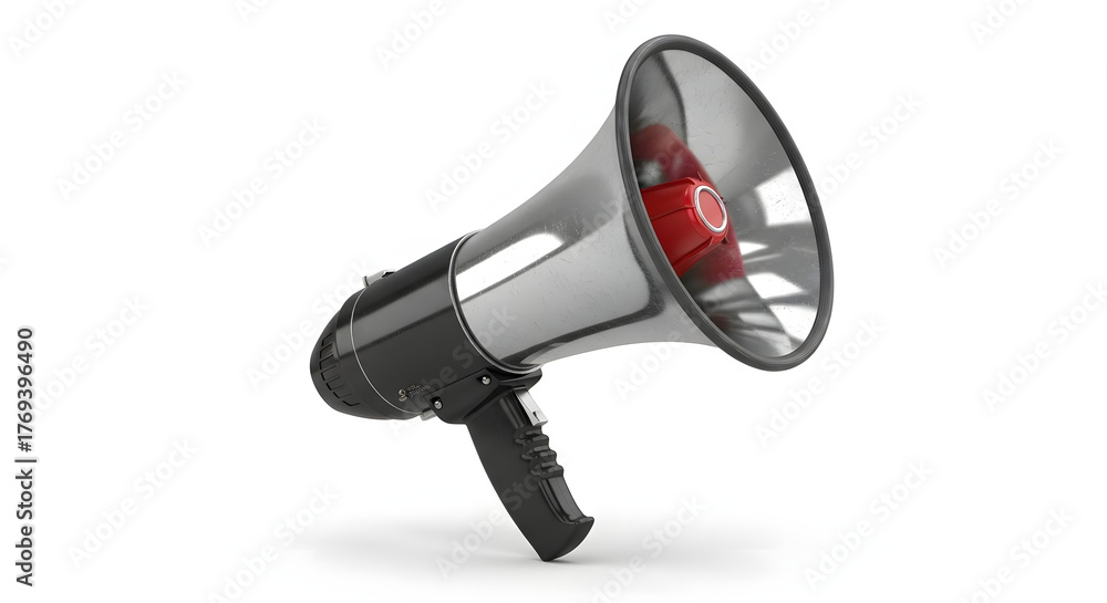 Naklejka premium A red megaphone or bullhorn for loud public announcement and communication, isolated on a white background