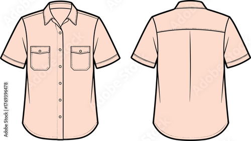 Short-sleeved button-up shirt fashion flat, chest flap pockets, cuffed sleeves, yoke and pleat detail, front and back garment sketch illustration