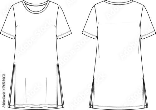 Short-sleeved tunic technical flat sketch, front and back view, round neckline, side slits, topstitching details, casual fashion design vector template