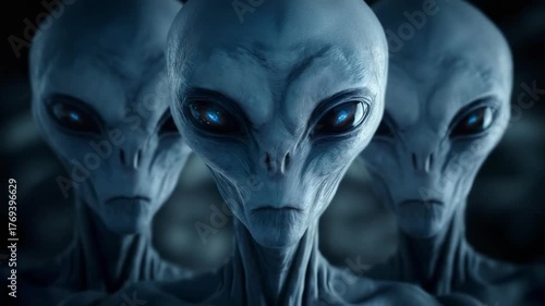 Three grey aliens with oversized heads and dark almond-shaped eyes stare at the viewer.