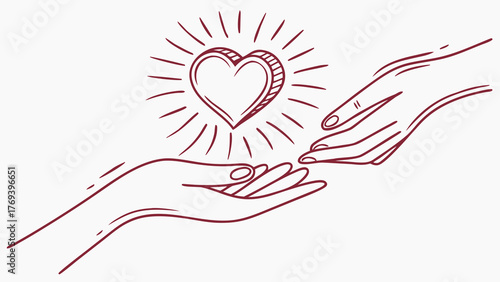 Giving heart concept: Two hands reaching for love, a symbol of care, support, and kindness in a touching, heartfelt gesture of generosity and compassion