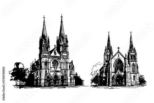 Catholic church set sketch on white background